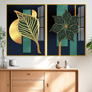 Golden Line Leaves Acrylic Floating Wall Painting Set of 2