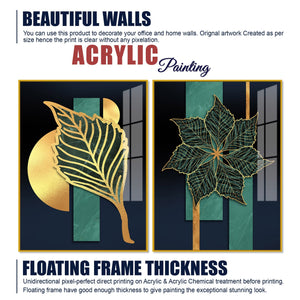 Golden Line Leaves Acrylic Floating Wall Painting Set of 2