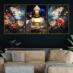Golden Lord Buddha and Floral Butterfly Wings Floating Frame Crystal Wall Painting Set of 3