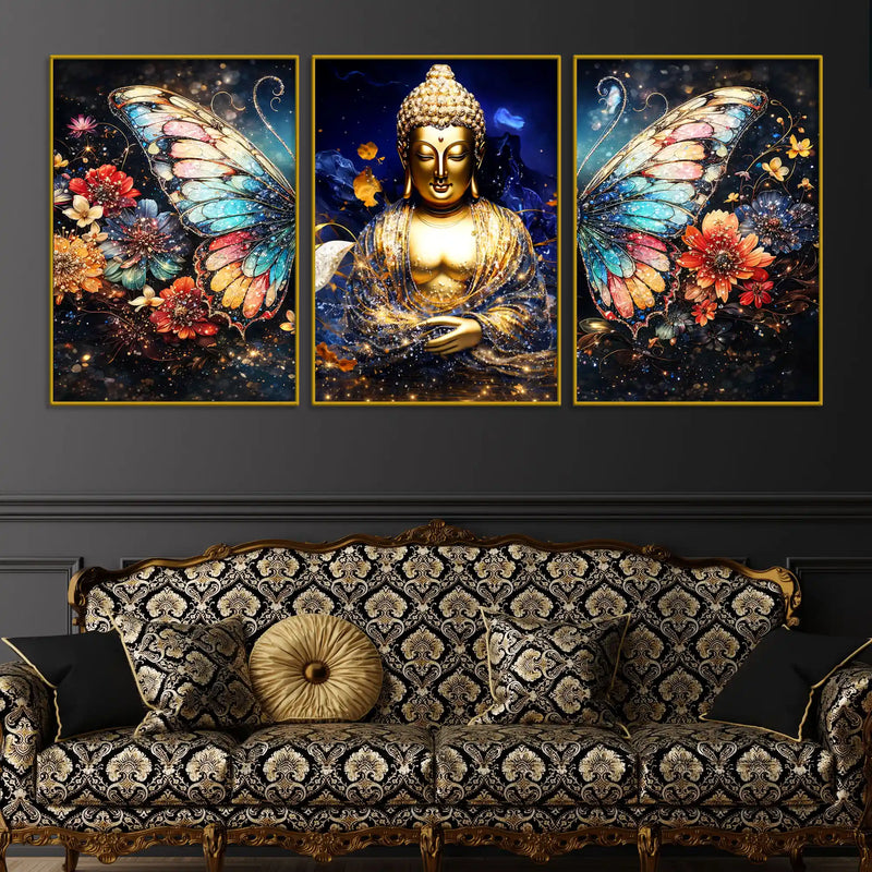 Golden Lord Buddha and Floral Butterfly Wings Floating Frame Crystal Wall Painting Set of 3