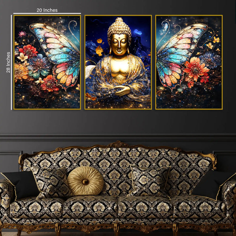 Golden Lord Buddha and Floral Butterfly Wings Floating Frame Crystal Wall Painting Set of 3