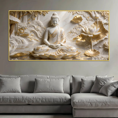 Golden Lotus Buddha Meditation 3D Canvas Wall Painting