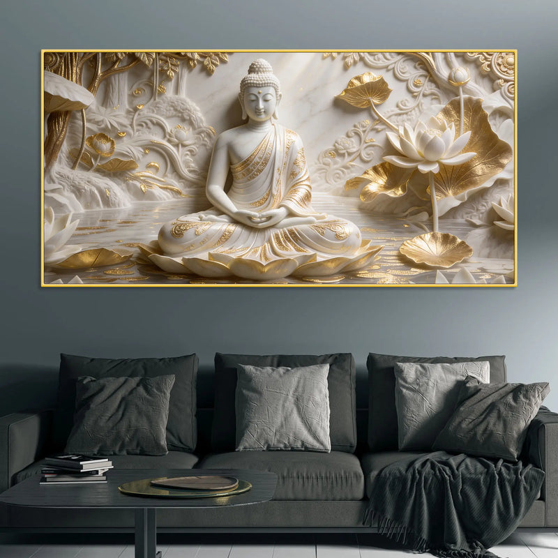 Golden Lotus Buddha Meditation 3D Canvas Wall Painting