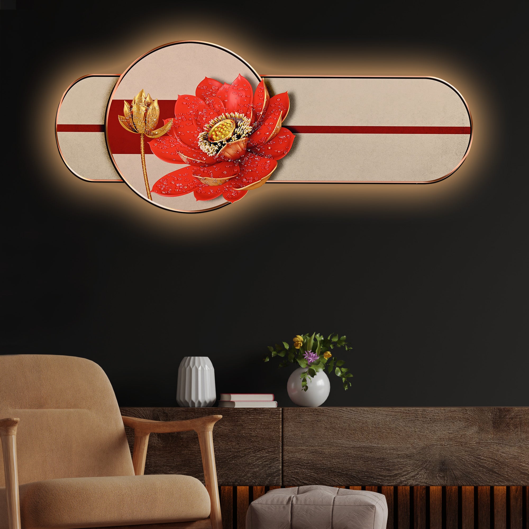 Golden Lotus Elegance Crystal Glass Backlit LED Painting