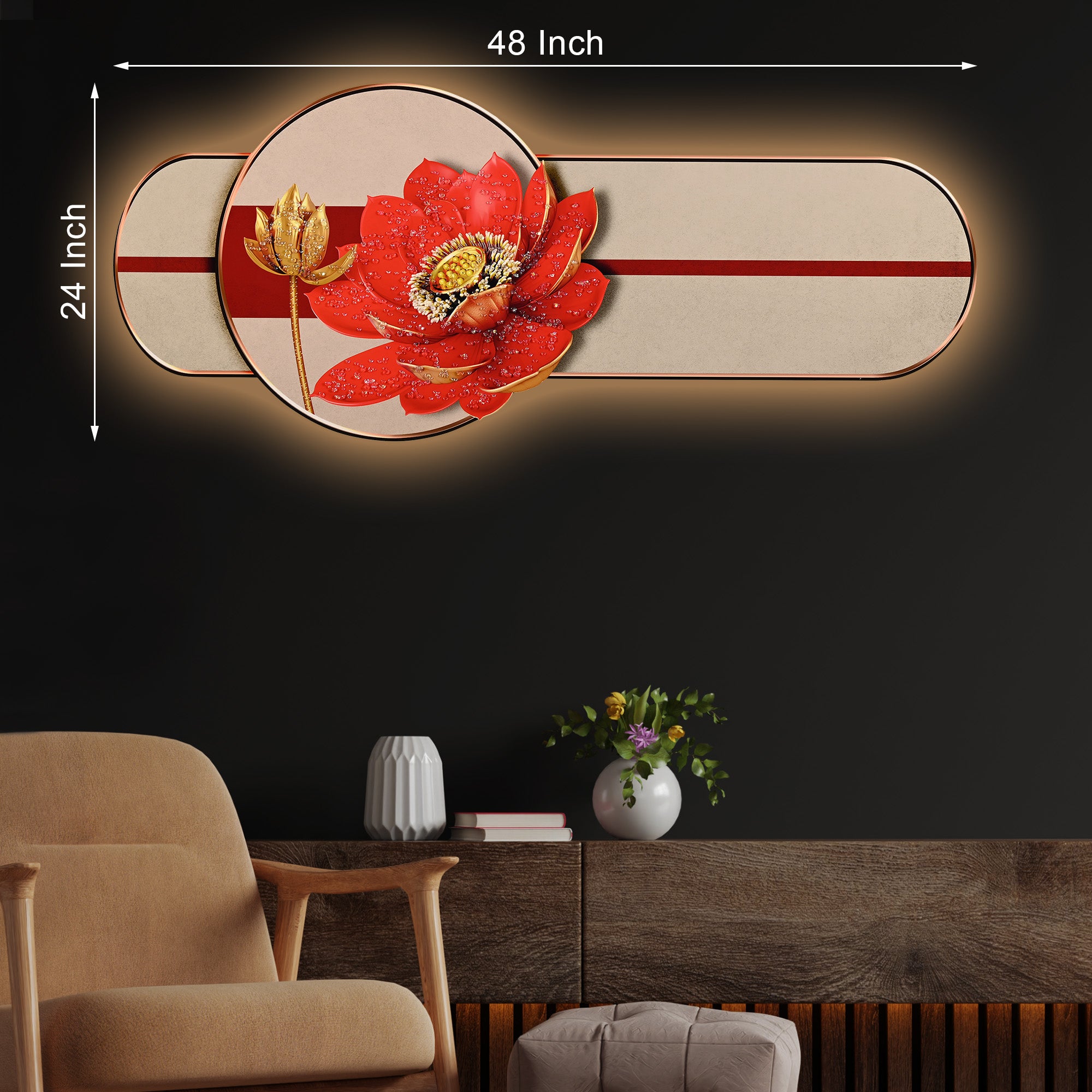 Golden Lotus Elegance Crystal Glass Backlit LED Painting