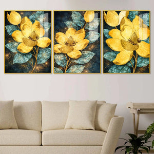 Golden Magnolia Floral Art Acrylic Floating Frame Wall Painting Set of 3
