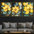Golden Magnolia Floral Art Acrylic Floating Frame Wall Painting Set of 3
