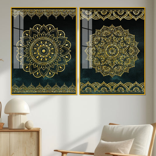 Golden Mandala Pattern Acrylic Floating Wall Painting Set of 2