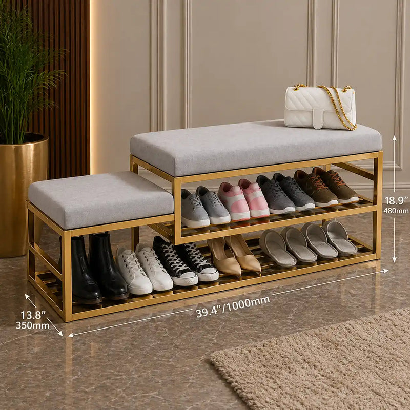golden-metal-shoe-rack-with-modern-upholstered-gray-velvet
