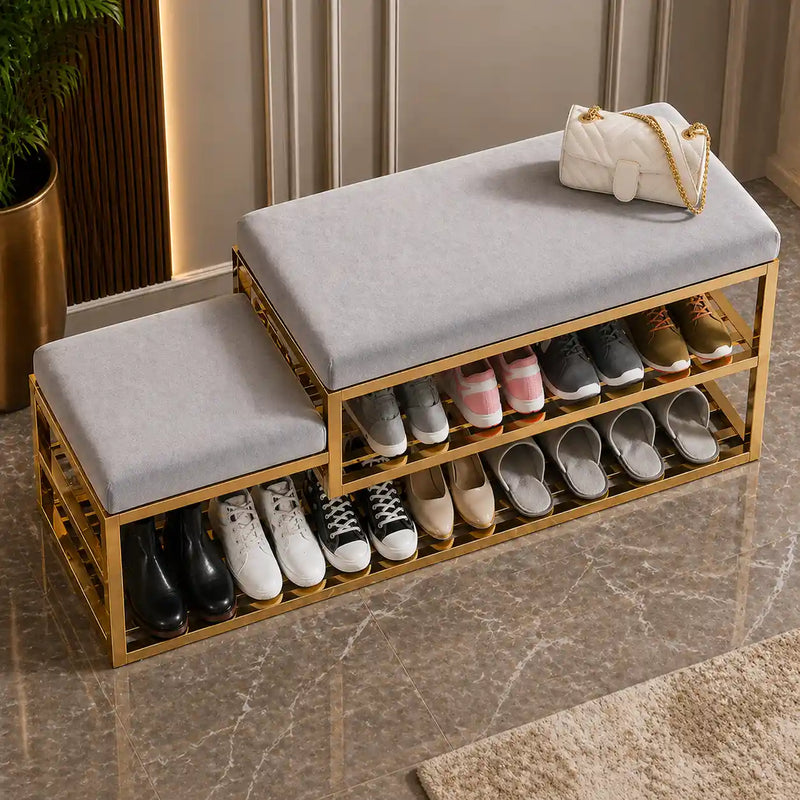 golden-metal-shoe-rack-with-modern-upholstered-gray-velvet