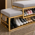 golden-metal-shoe-rack-with-modern-upholstered-gray-velvet