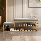 golden-metal-shoe-rack-with-modern-upholstered-gray-velvet