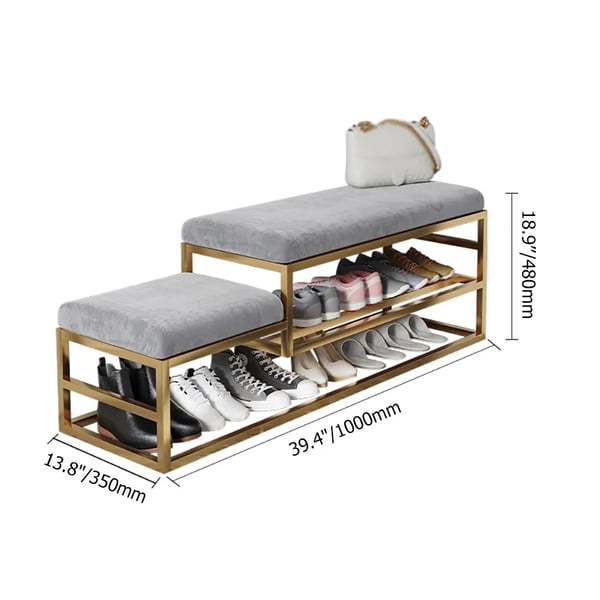 Golden Metal Shoe Rack With Modern Upholstered Gray Velvet