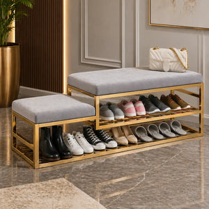 golden-metal-shoe-rack-with-modern-upholstered-gray-velvet