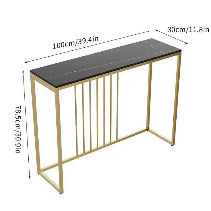 Golden Metallic Rectangular Shaped Black Marble Designer Console Table