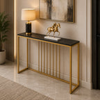 Golden Metallic Rectangular Shaped Black Marble Designer Console Table