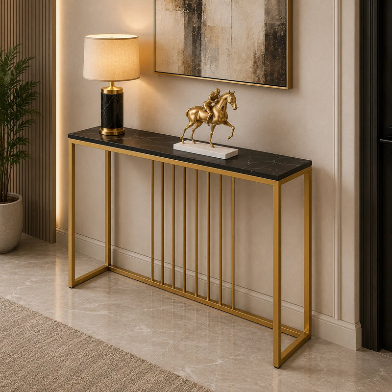 Golden Metallic Rectangular Shaped Black Marble Designer Console Table