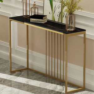 Golden Metallic Rectangular Shaped Black Marble Designer Console Table