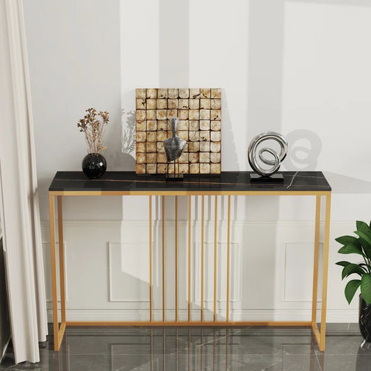 Golden Metallic Rectangular Shaped Black Marble Designer Console Table