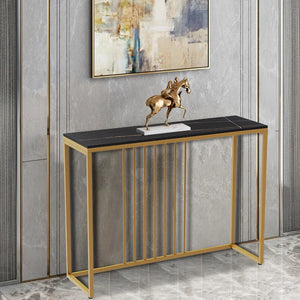 Golden Metallic Rectangular Shaped Black Marble Designer Console Table