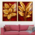 Golden Monstera and Banana Leaves Acrylic Floating Wall Painting Set of 2