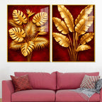 Golden Monstera and Banana Leaves Acrylic Floating Wall Painting Set of 2