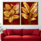 Golden Monstera and Banana Leaves Acrylic Floating Wall Painting Set of 2
