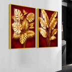 Golden Monstera and Banana Leaves Acrylic Floating Wall Painting Set of 2