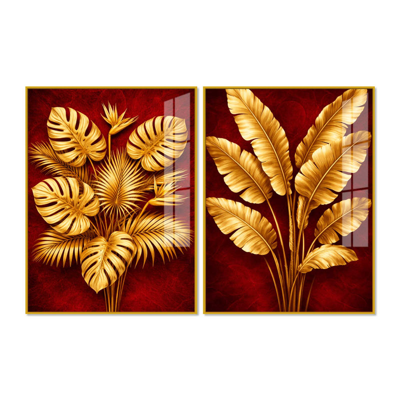 Golden Monstera and Banana Leaves Acrylic Floating Wall Painting Set of 2