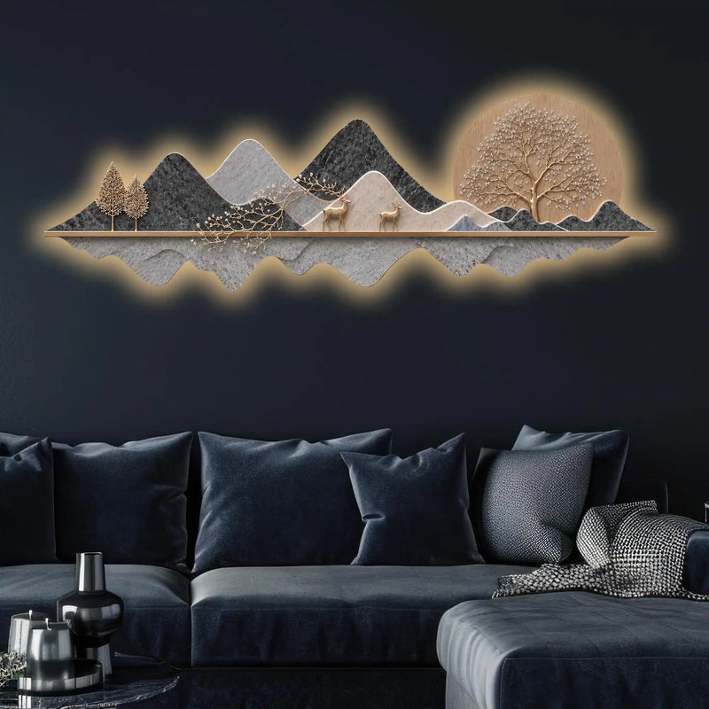 Golden Moon Deer Mountain Crystal Glass Backlit LED Painting