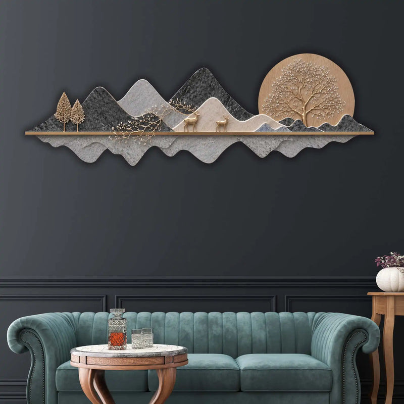 Golden Moon Deer Mountain Crystal Glass Backlit LED Wall Art