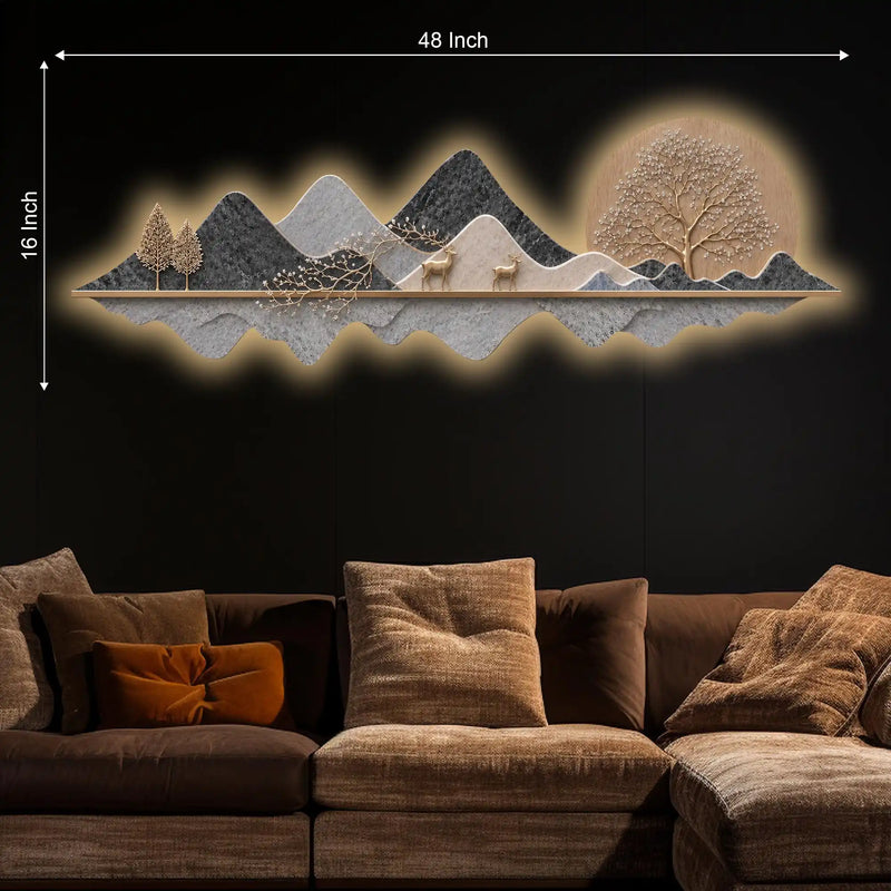 Golden Moon Deer Mountain Crystal Glass Backlit LED Wall Art
