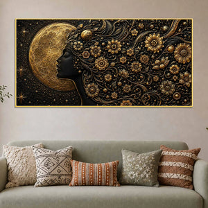 Golden Moon Goddess with Aesthetic Floral Hairs Metallic Look 3D Canvas Wall Painting