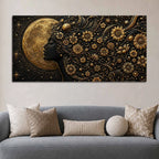 Golden Moon Goddess with Aesthetic Floral Hairs Metallic Look 3D Canvas Wall Painting