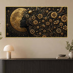 Golden Moon Goddess with Aesthetic Floral Hairs Metallic Look 3D Canvas Wall Painting