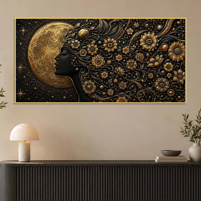 Golden Moon Goddess with Aesthetic Floral Hairs Metallic Look 3D Canvas Wall Painting