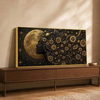 Golden Moon Goddess with Aesthetic Floral Hairs Metallic Look 3D Canvas Wall Painting