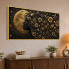 Golden Moon Goddess with Aesthetic Floral Hairs Metallic Look 3D Canvas Wall Painting