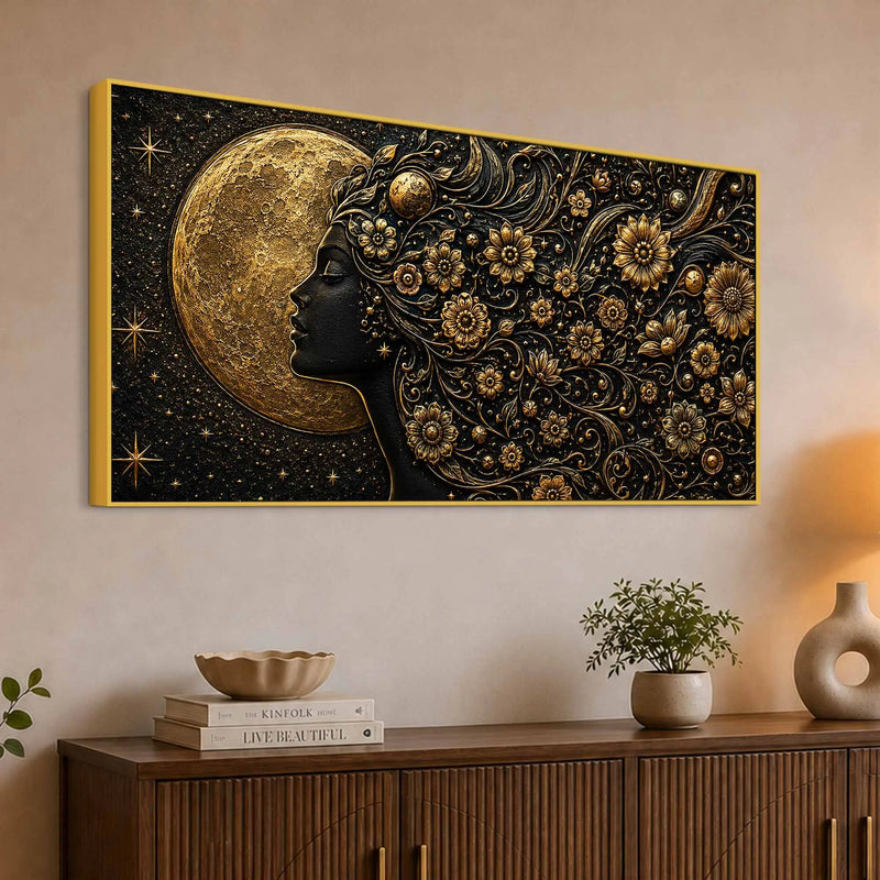 Golden Moon Goddess with Aesthetic Floral Hairs Metallic Look 3D Canvas Wall Painting