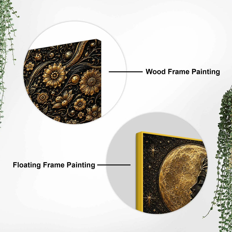 Golden Moon Goddess with Aesthetic Floral Hairs Metallic Look 3D Canvas Wall Painting