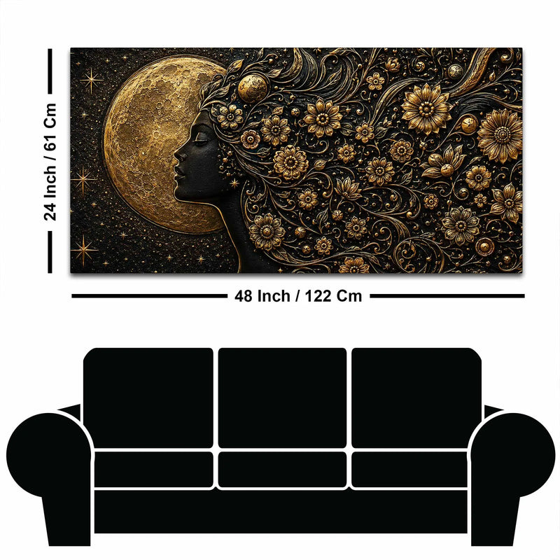 Golden Moon Goddess with Aesthetic Floral Hairs Metallic Look 3D Canvas Wall Painting