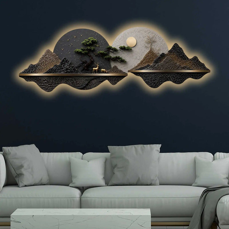 Golden Moon Mountain Panorama Premium Crystal Glass Backlit LED Painting