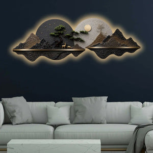 Golden Moon Mountain Panorama Premium Crystal Glass Backlit LED Wall Art