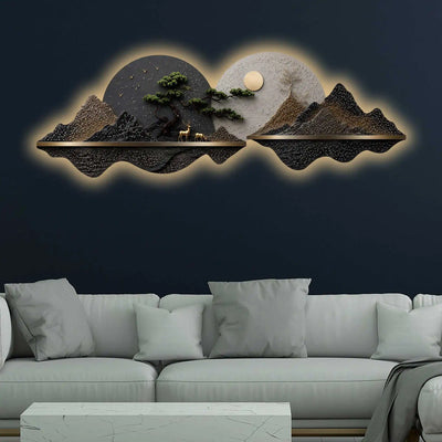 Golden Moon Mountain Panorama Premium Crystal Glass Backlit LED Wall Art