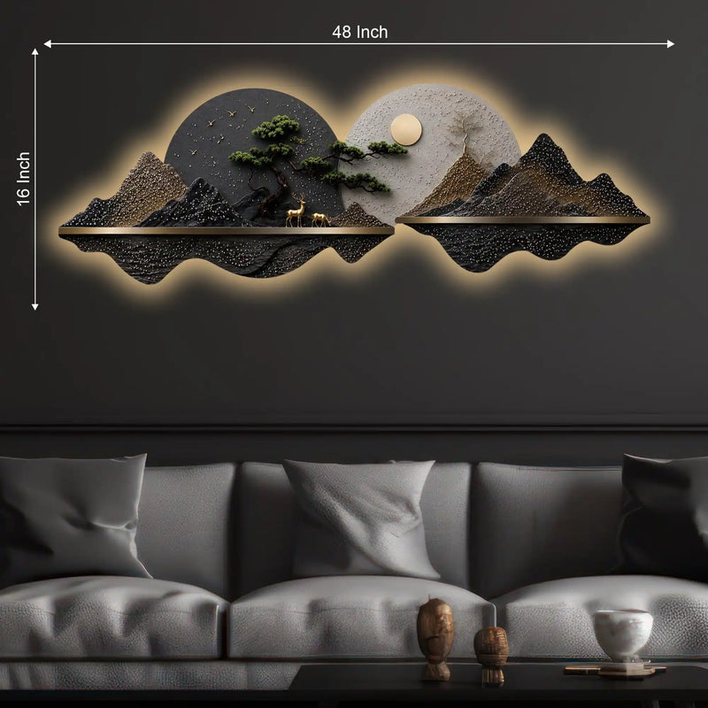 Golden Moon Mountain Panorama Premium Crystal Glass Backlit LED Wall Art