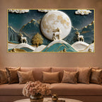 Golden Moonlit Deer & Mountain Landscape 3D Canvas Wall Painting