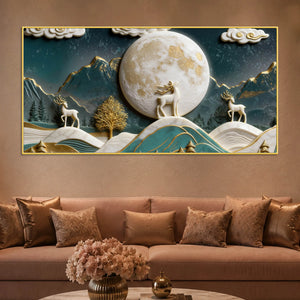 Golden Moonlit Deer & Mountain Landscape 3D Canvas Wall Painting