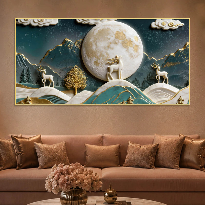 Golden Moonlit Deer & Mountain Landscape 3D Canvas Wall Painting