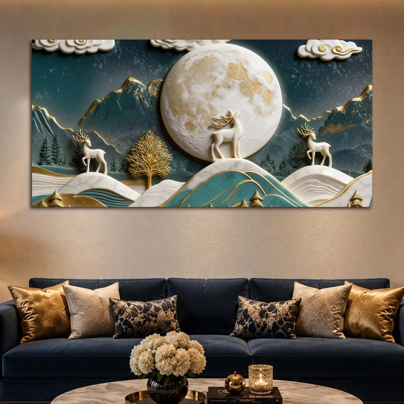 Golden Moonlit Deer & Mountain Landscape 3D Canvas Wall Painting
