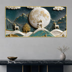 Golden Moonlit Deer & Mountain Landscape 3D Canvas Wall Painting